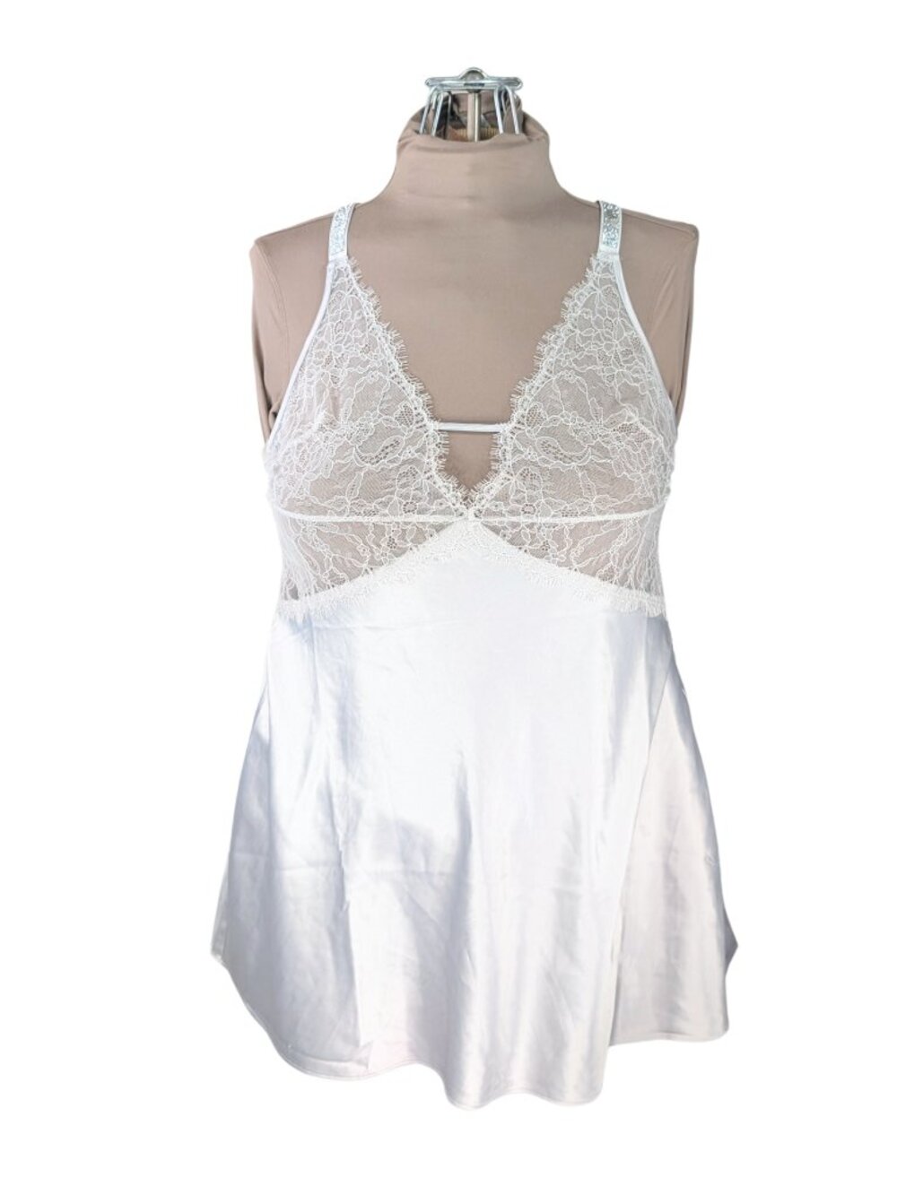 Victoria's Secret Large Silver Satin White Lace Rhinestone Baby Doll Nighty Slip